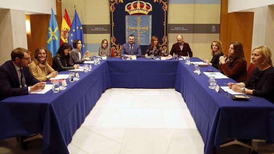 Por la izquierda, Adrián Pumares (Foro), Ángela Vallina (IU), Laura Pérez Macho (Cs), Dolores Carcedo (PSOE), Mar Salgado (directora general de Finanzas), Adrián Barbón (presidente del Principado), Ana Cárcaba (consejera de Hacienda), Pablo Álvarez (jefe de gabinete de Hacienda), Teresa Mallada (PP), Lorena Gil (Podemos) y Sara Álvarez Rouco (Vox).