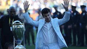 CARSON, CA - FEBRUARY 23: Riqui Puig #10 of the Los Angeles Galaxy accepts the 2024 MLS Cup on behalf of his team before a game between San Diego FC and Los Angeles Galaxy at Dignity Health Sports Park on February 23, 2025 in Carson, California. (Photo by AJ Johnson/ISI Photos/Getty Images)