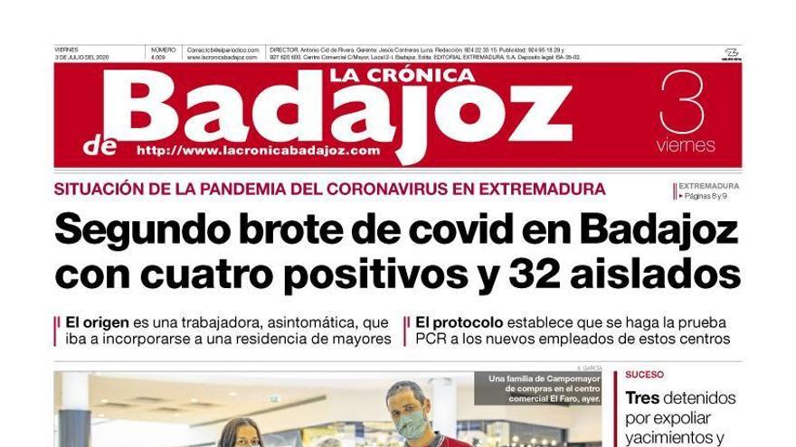 Esta es la portada de LA CRÓNICA DE BADAJOZ correspondiente al día 03 de julio del 2020