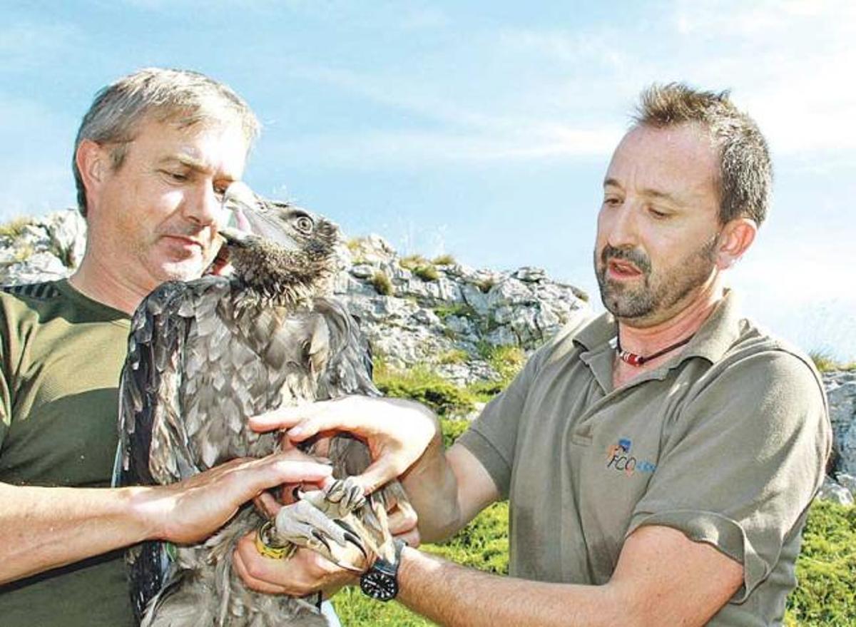 El guarda del Principado José María Rodríguez (izquierda) y Gerardo Báguena, en julio de 2012, con «Atilano».