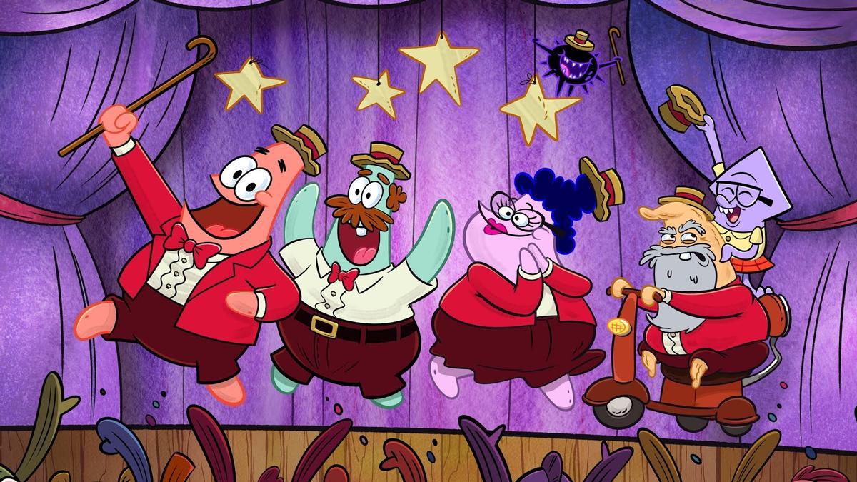 Una imagen de 'Patricio es la estrella': de izquierda a derecha, Patricio, Cecilio (padre), Bunny (madre), GranPat (abuelo) y Calamarina (hermana)