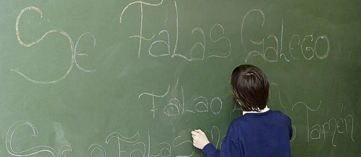 Un alumno escribe en lingua galega na pizarra da súa clase.