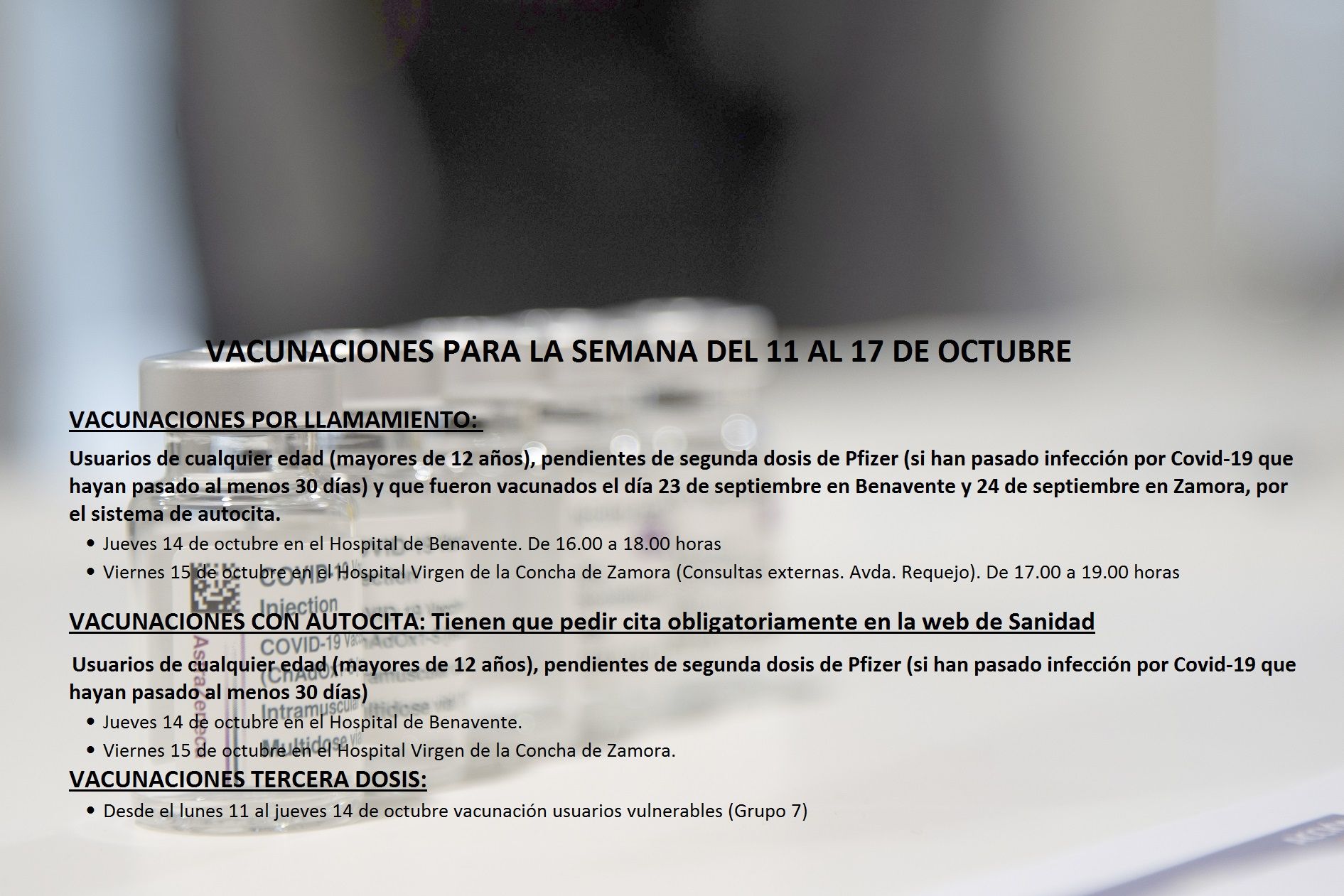 Calendario de vacunaciones la próxima semana en Zamora y Benavente