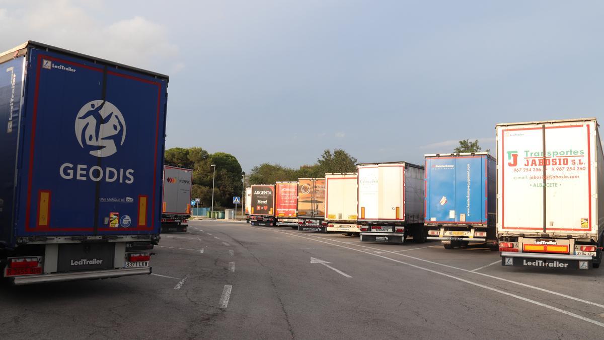 Dues files de camions aparcats en una àrea de servei de l&#039;AP-7 a Vilobí d&#039;Onyar