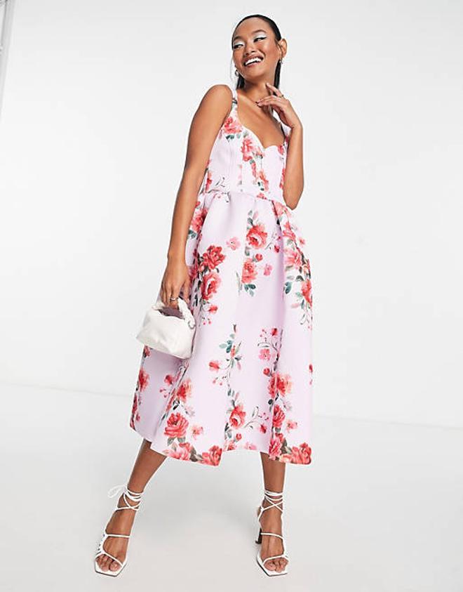 Vestido midi de invitada con estampado floral y cuerpo tipo corsé de Asos