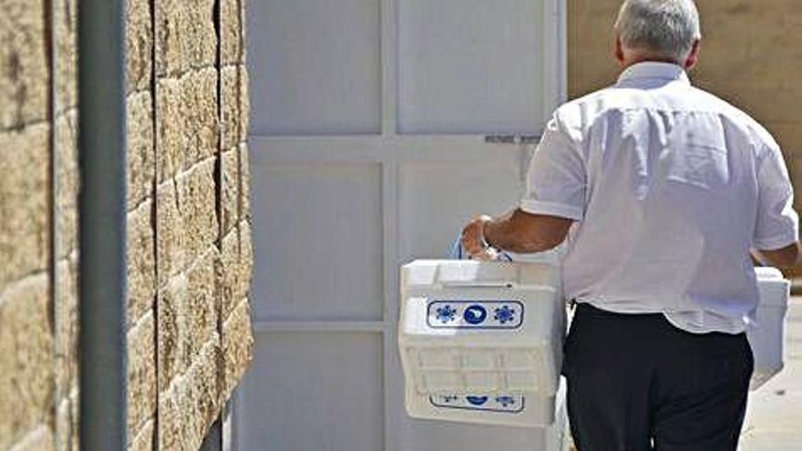 Un trabajador del Ayuntamiento de Sevilla accede con una nevera a la fábrica de Magrudis para recoger muestras.