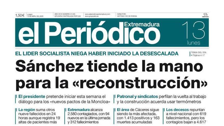 Esta es la portada de EL PERIÓDICO EXTREMADURA correspondiente al día 13 de abril del 2020