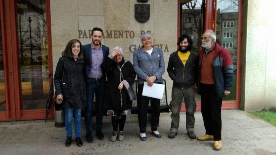 Ediles del PSOE de Forcarei, Cerdedo y Cotobade, con miembros de la plataforma, ayer,en el Parlamento.