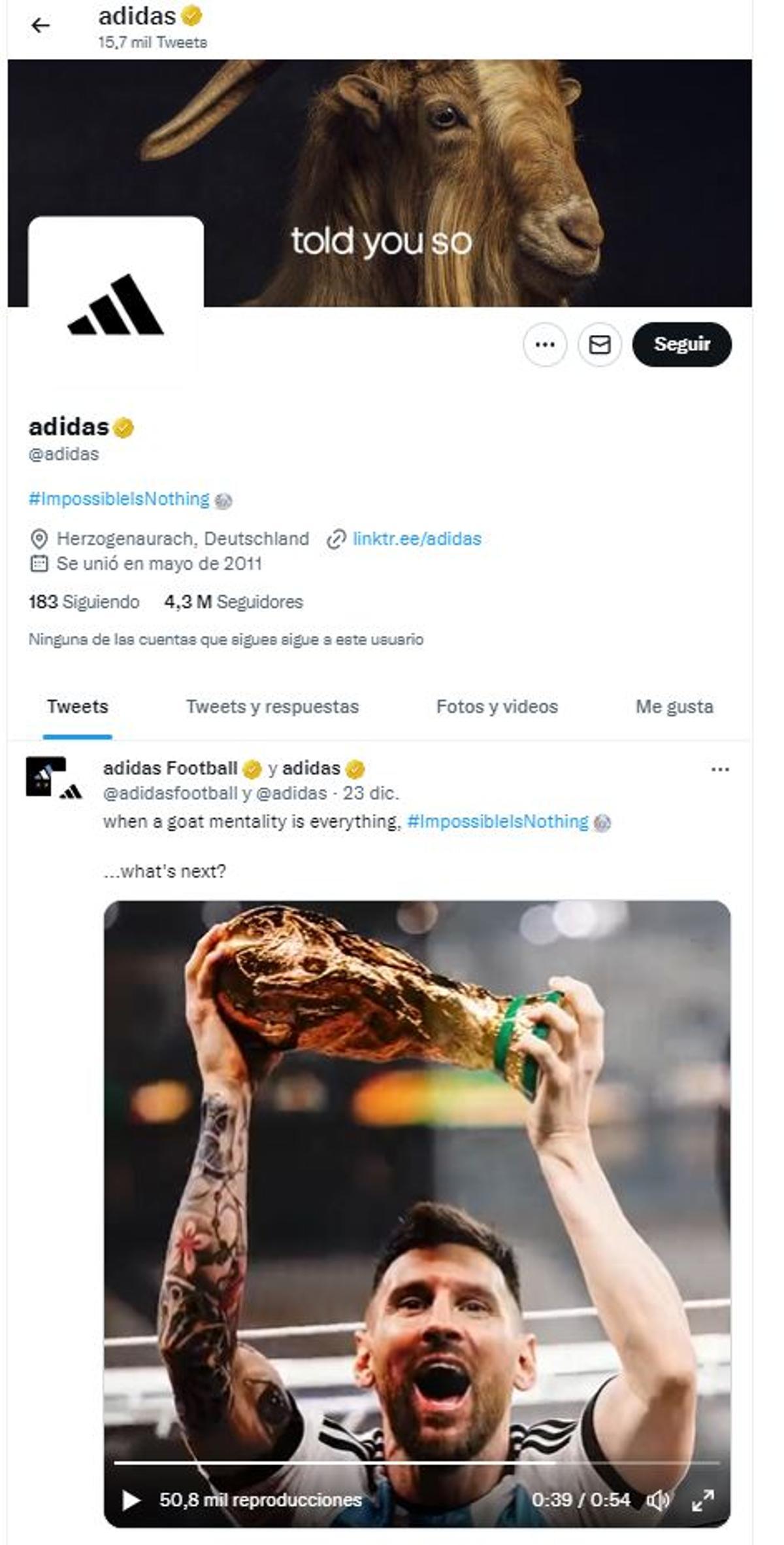 La imatge del Boc fixada al compte de twitter d'Adidas