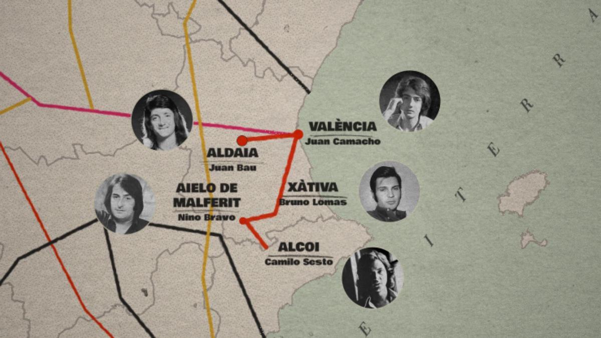 Mapa que muestra el origen geográfico de los cinco cantantes que protagonizarán la docuserie.