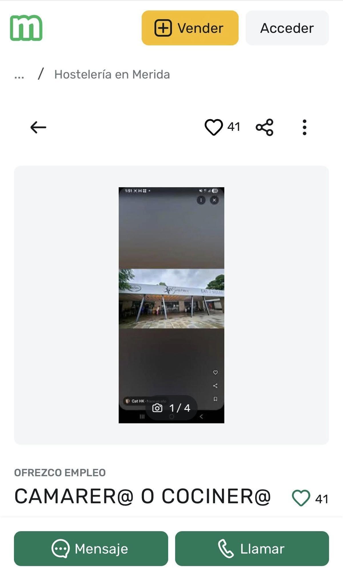 Captura del anuncio publicado en Mil Anuncios con el reclamo “Camarer@ o cociner@” en Mérida (Badajoz), que el restaurante Las 7 Sillas atribuye a una suplantación con ofertas de empleo falsas.