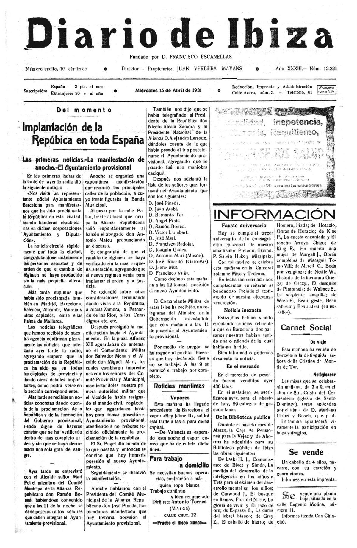 15 abril de 1931. Proclamada la Segunda República. Una manifestación festiva recorre las calles de Ibiza para celebrar la República, aunque la isla era de mayoría monárquica.