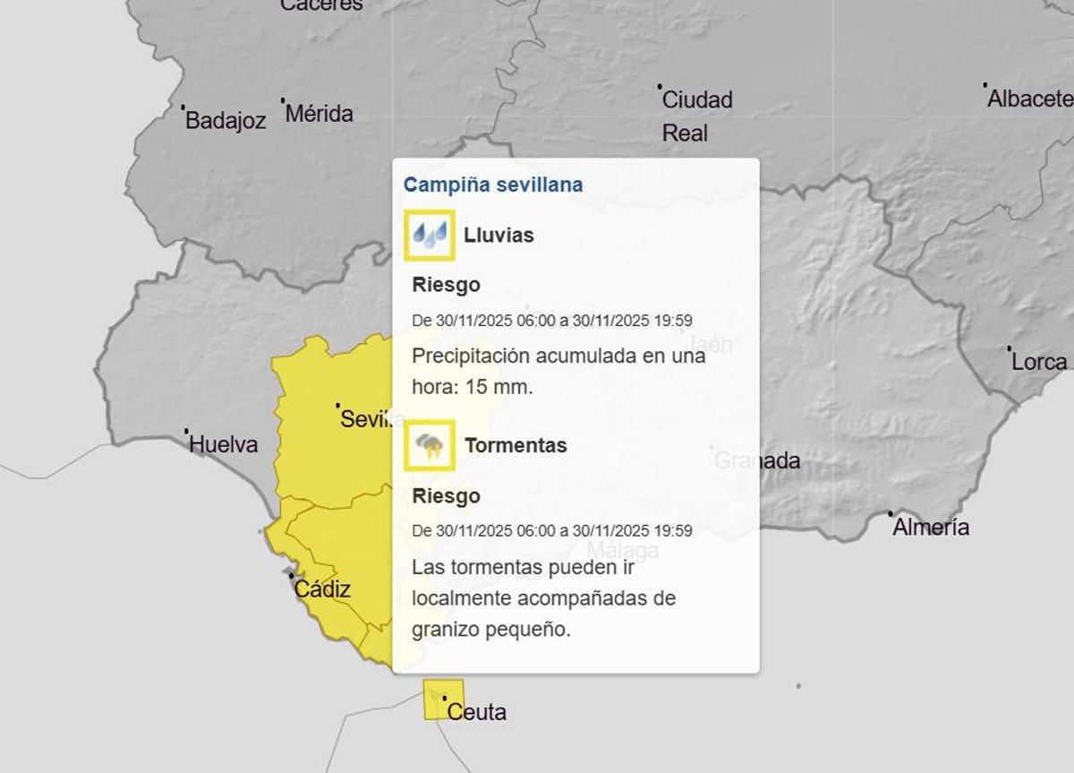 Aviso amarillo por lluvia y tormentas en Cádiz y Sevilla