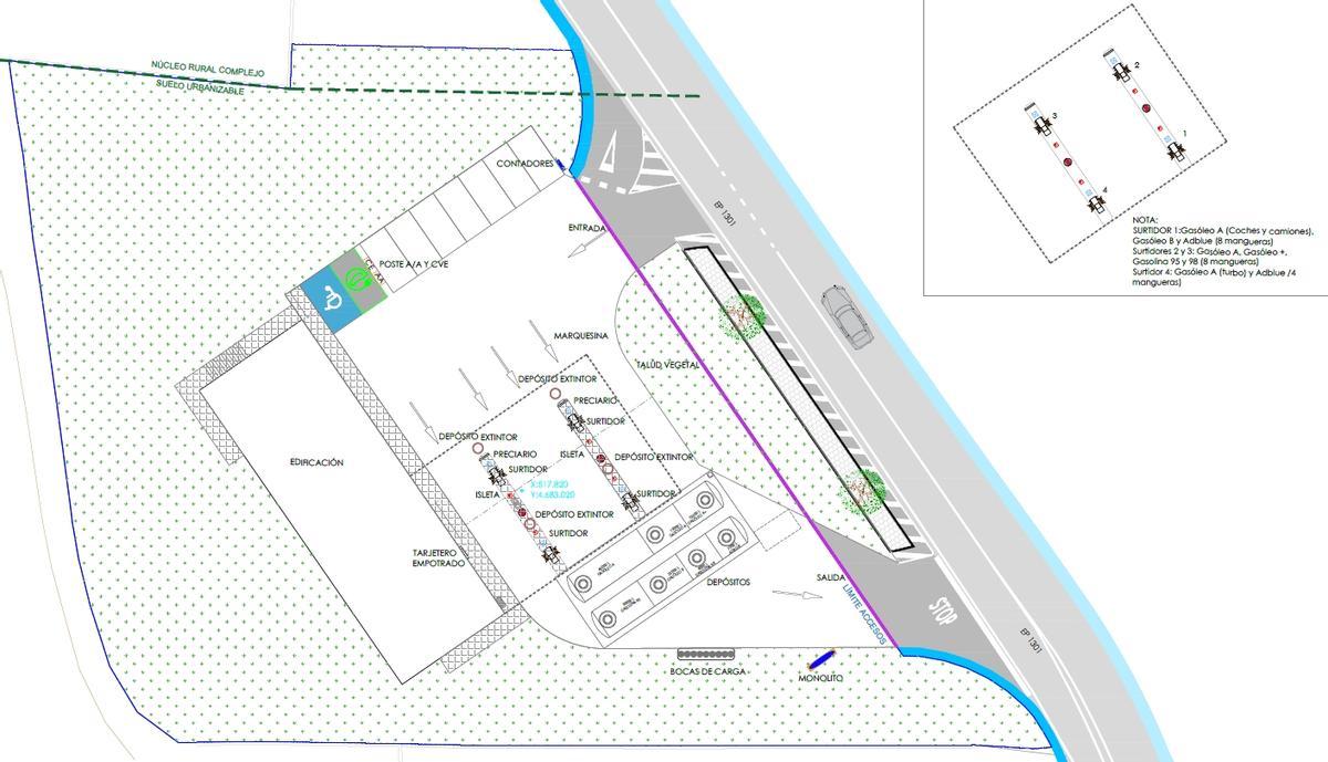 Los planos de la nueva gasolinera proyectada en A Portela, en Bueu.