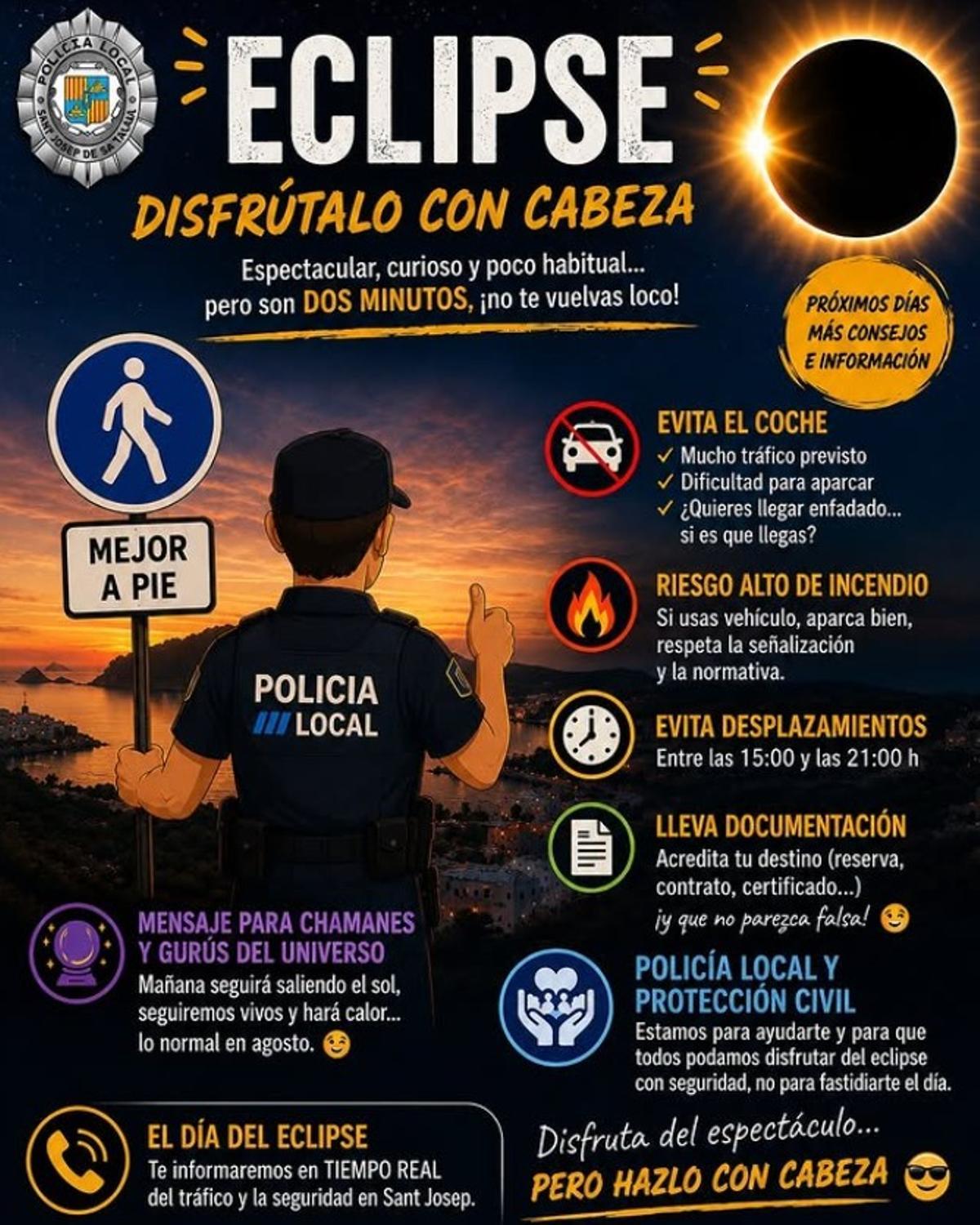 El aviso con humor de la Policía de Sant Josep por el eclipse.