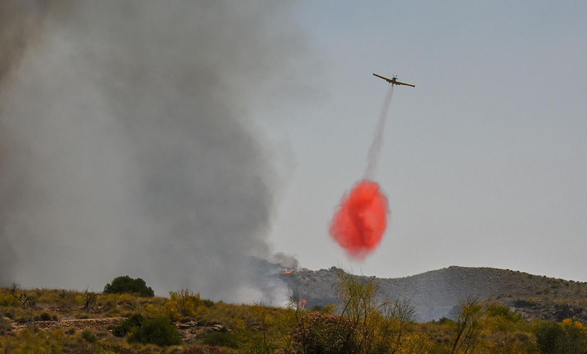 Medios aéreos trabajan en la extinción del incendio forestal declarado en Los Gallardos (Almería), EFE/ Carlos Barba