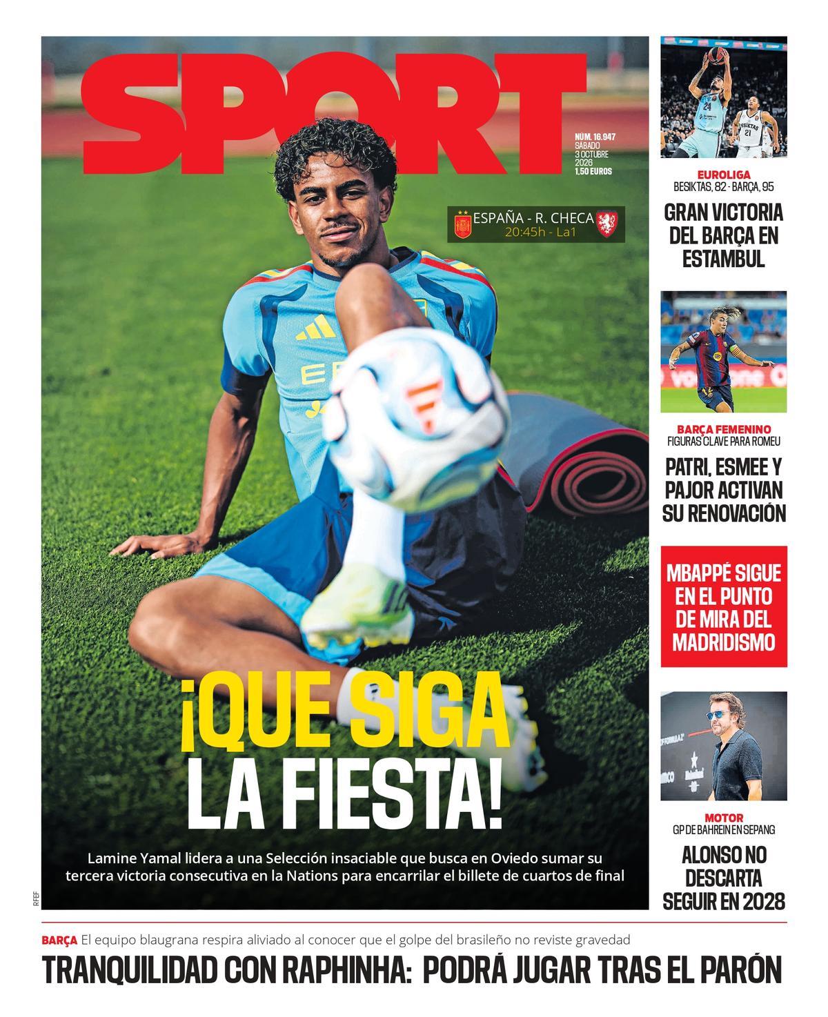 Esta es la portada de SPORT de hoy sábado, 3 de octubre de 2026