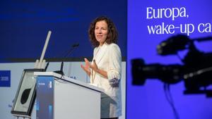 Roxana Mînzatu, vicepresidenta ejecutiva i comisaria europea de Derechos Sociales, este mediodía, en Barcelona.