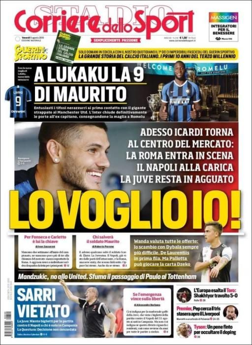 Portada Corriere dello Sport Viernes 9 de Agosto