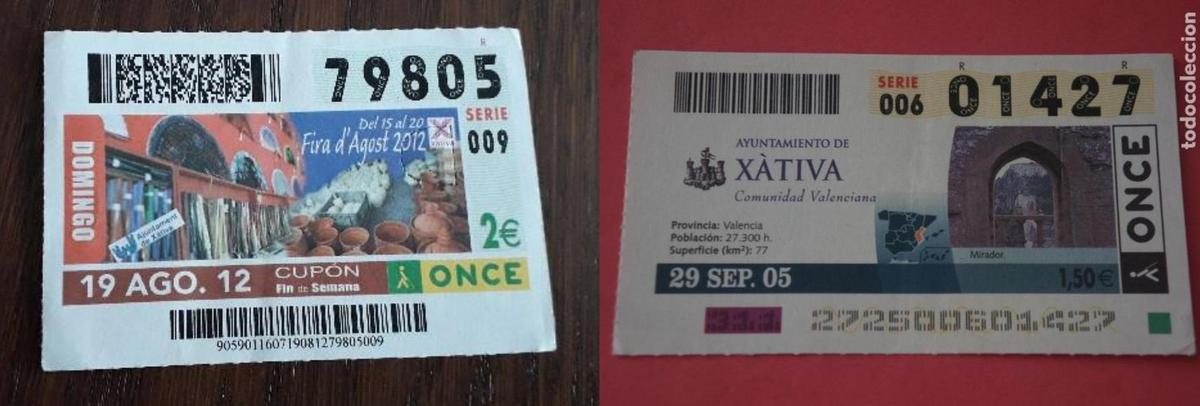 Dos ejemplos de cupones conmemorativos de la ONCE con Xàtiva de fondo: El editado el 19 de agosto de 2021 por la FIRa y el 29 de septiembre de 2005 con datos sobre la ciudad.