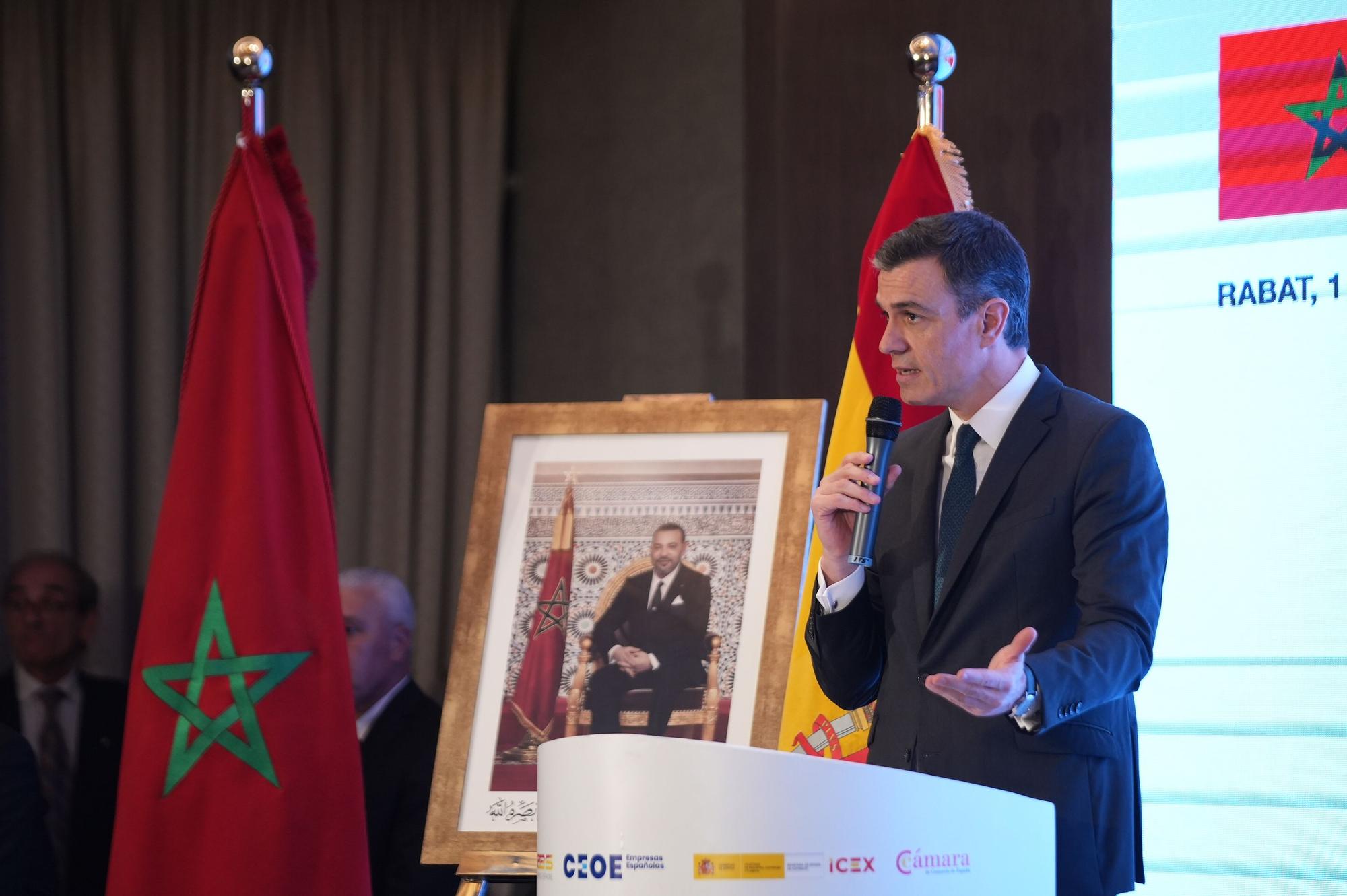 Pedro Sánchez, en un foro económico tras su llegada a Marruecos. EPC