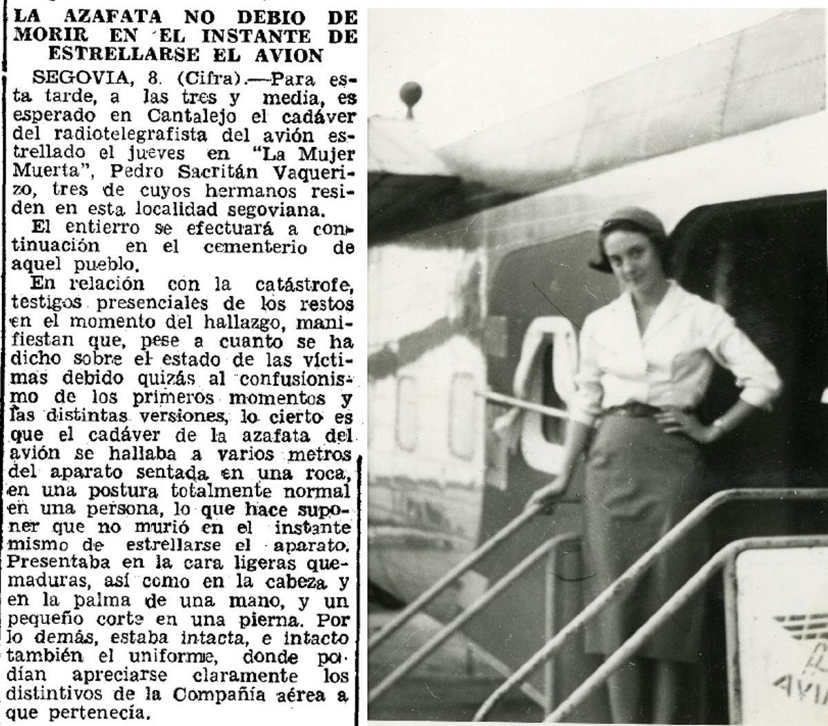Recorte de una de las noticias publicadas en FARO DE VIGO y una foto de la azafata María Isabel Sastre. / FDV / CEDIDA