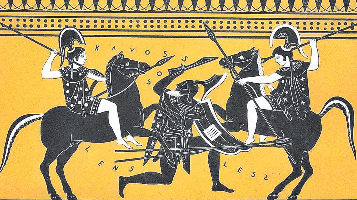 Representación de dos guerreras amazonas en un jarrón