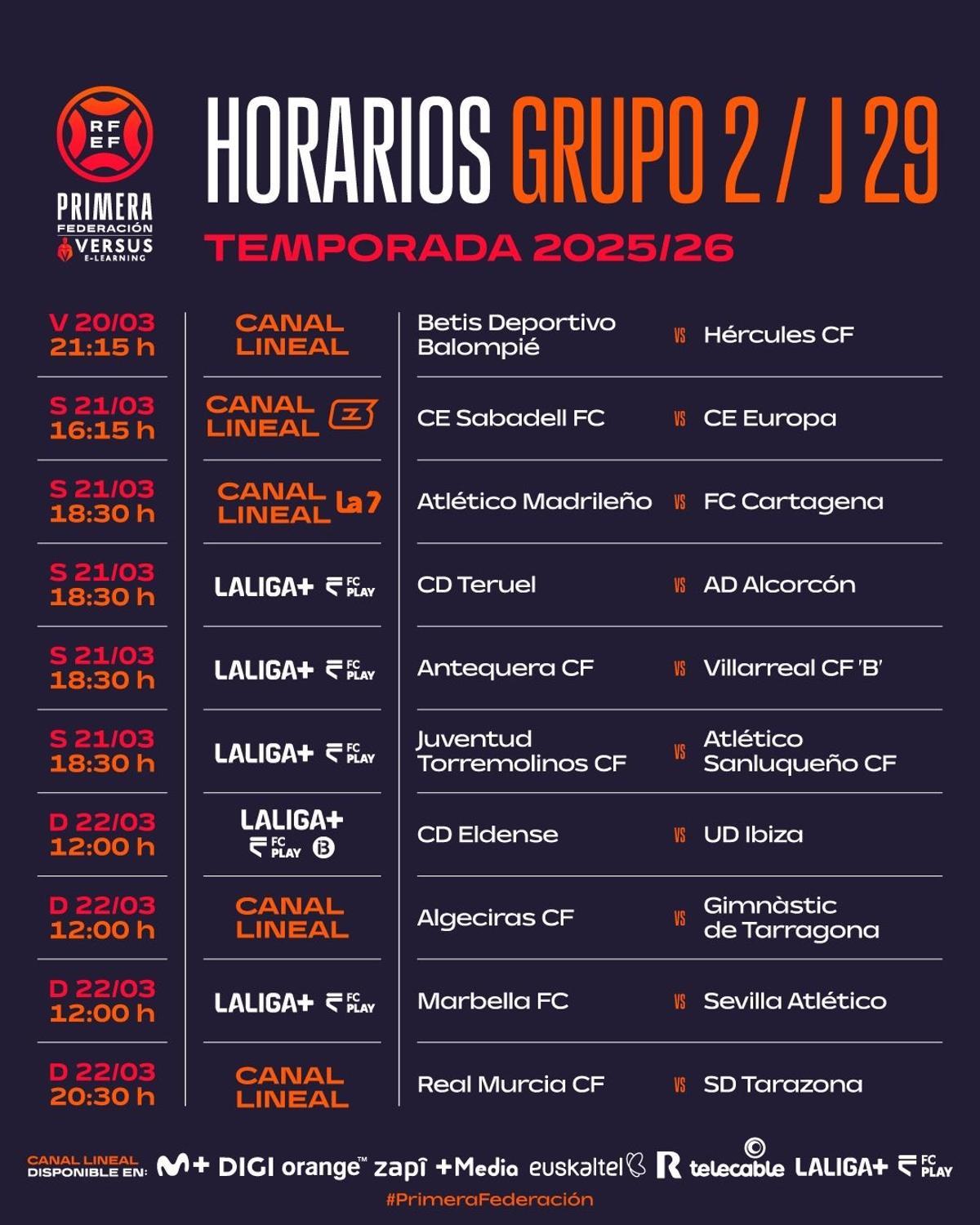 Horarios y operadores de televisión de la jornada 29 en el grupo 2 de Primera Federación.