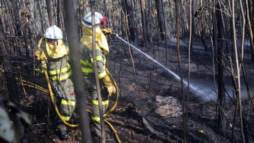 Unos brigadistas extinguen un incendio en un monte de Pontevedra.  // Rafa Vázquez