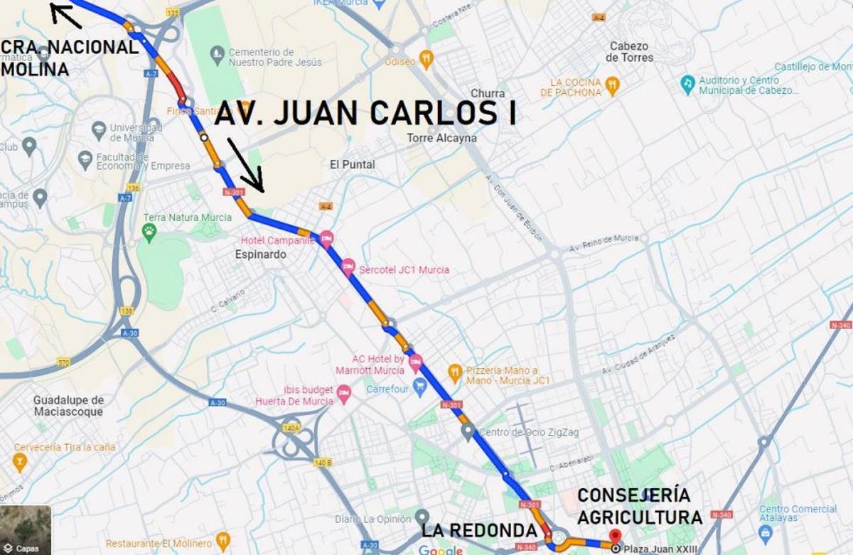 Itinerario de la protesta de agricultores en Vega Media Molina (detalle ciudad de Murcia)