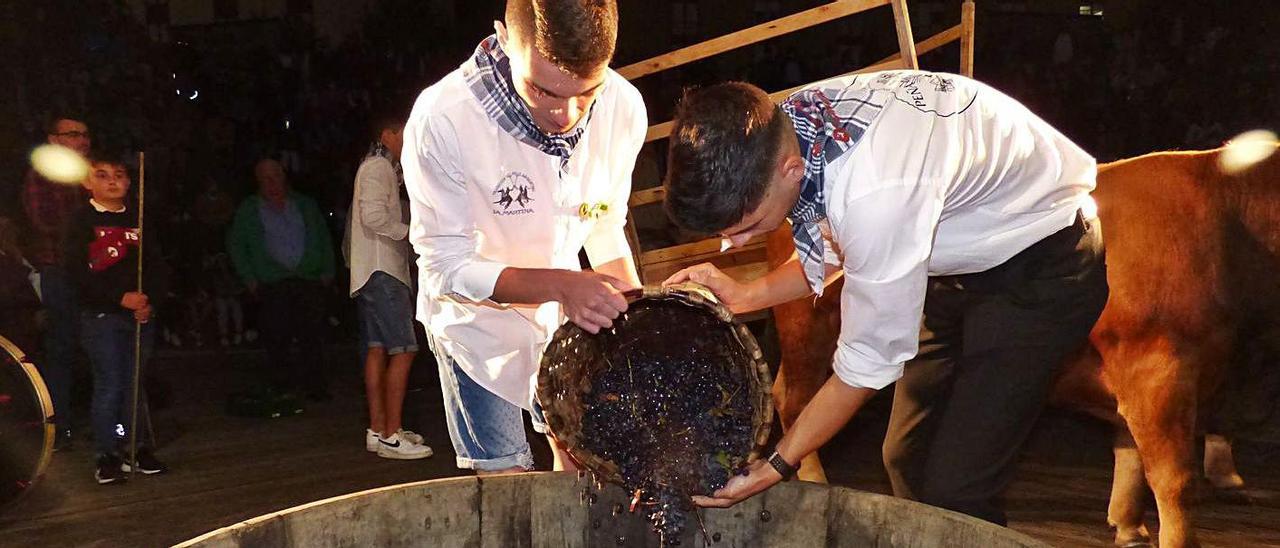 Hugo Fernández y José Antonio Díez descargan uvas en el pisón. | D. Á.