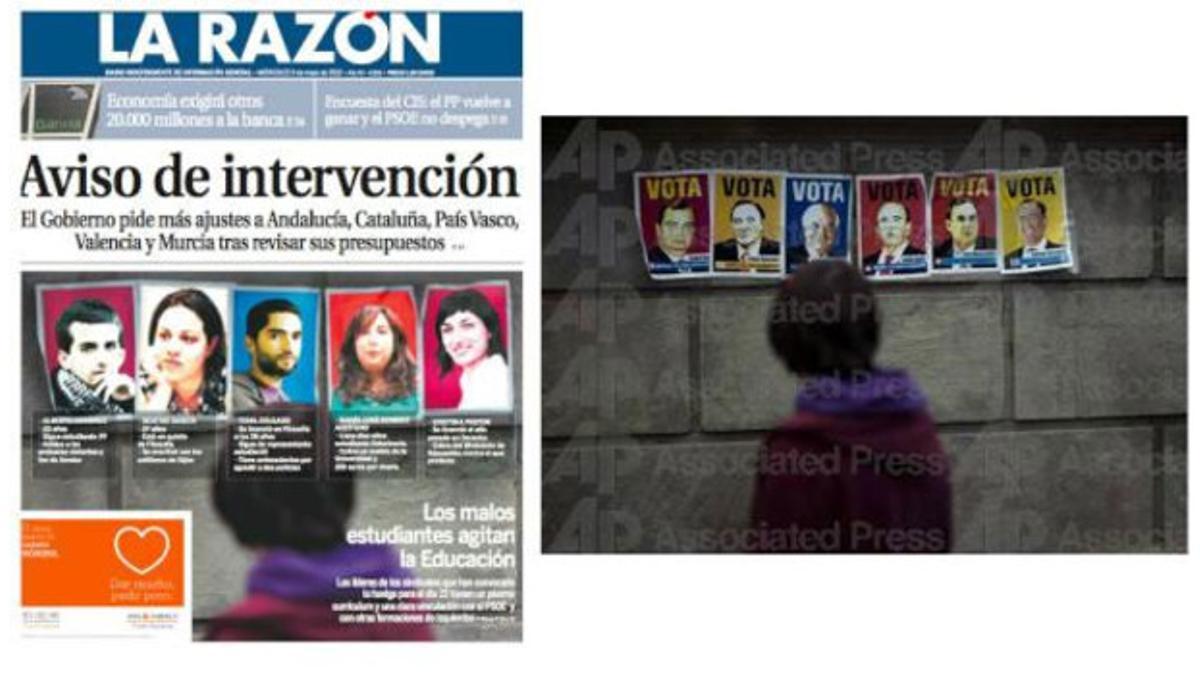 La portada de 'La Razón', junto a la foto original, en una imagen publicada por Emilio Morenatti en su Twitter.