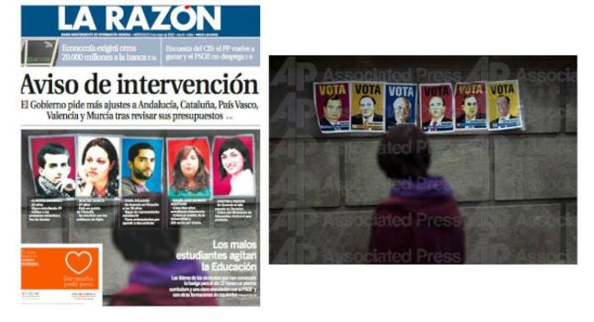 La portada de ’La Razón’, al costat de la foto original, en una imatge publicada per Emilio Morenatti al seu Twitter.