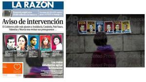 La portada de ’La Razón’, al costat de la foto original, en una imatge publicada per Emilio Morenatti al seu Twitter.