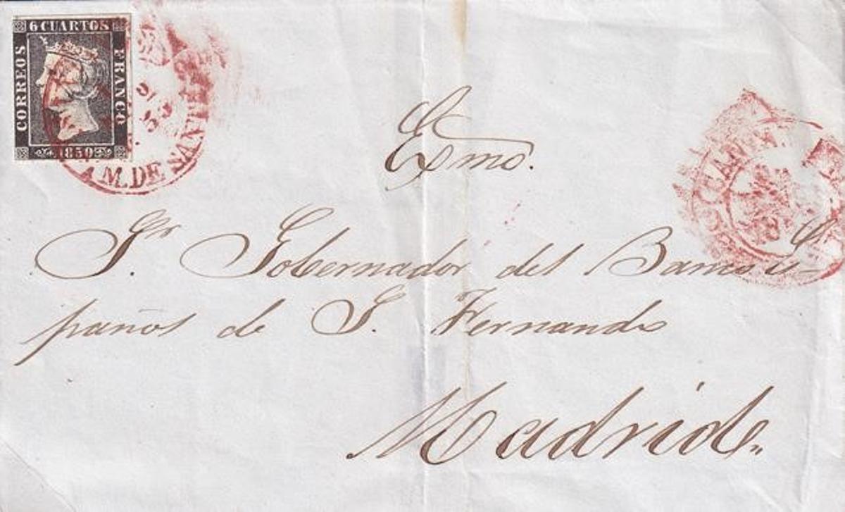 Carta enviada en el primer dia de circulacion del primer sello de España.