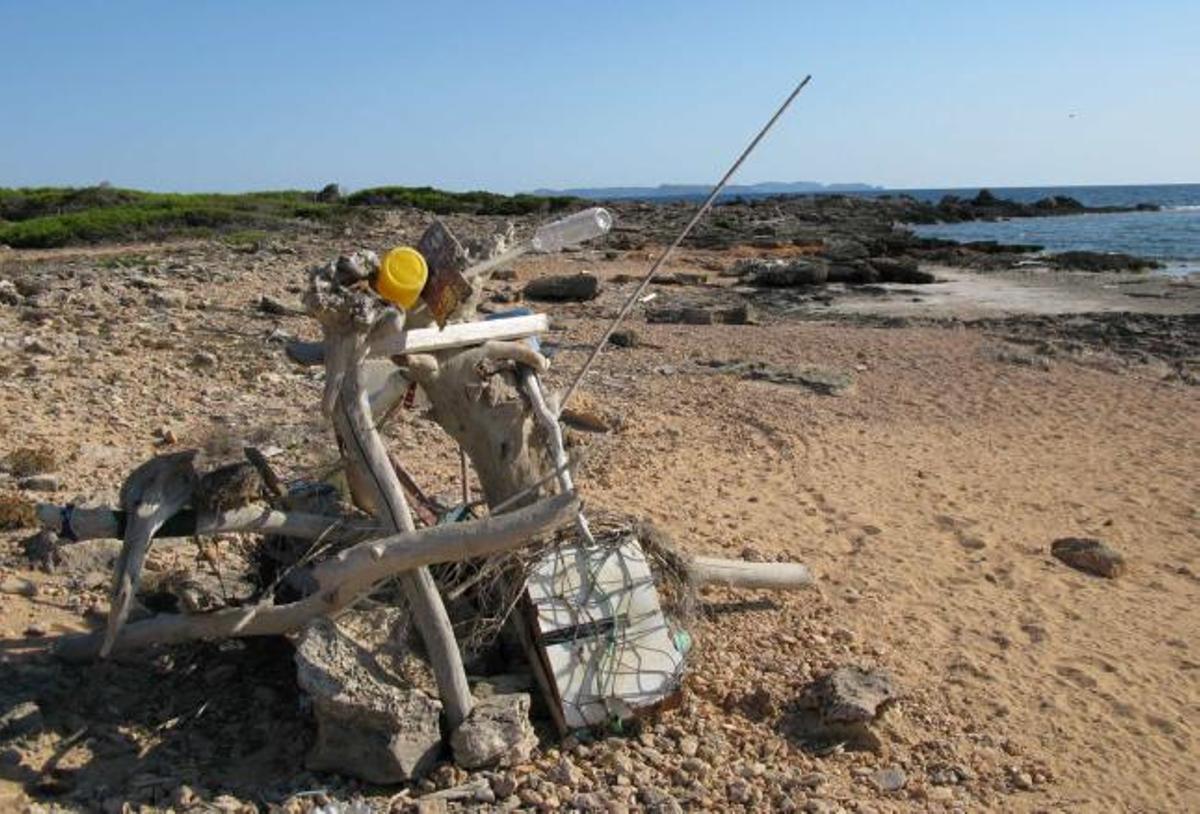 Acumulación de basura en la zona de Cala en Tugores, con la majestuosa silueta de Cabrera al fondo.