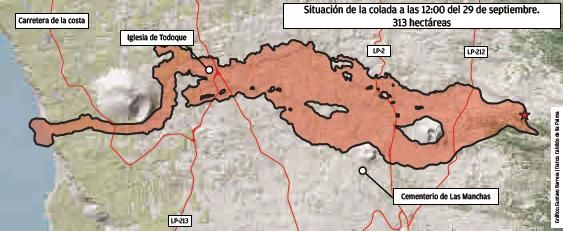 Situación de la colada a las 12:00 del 29 de septiembre. 313 hectáreas