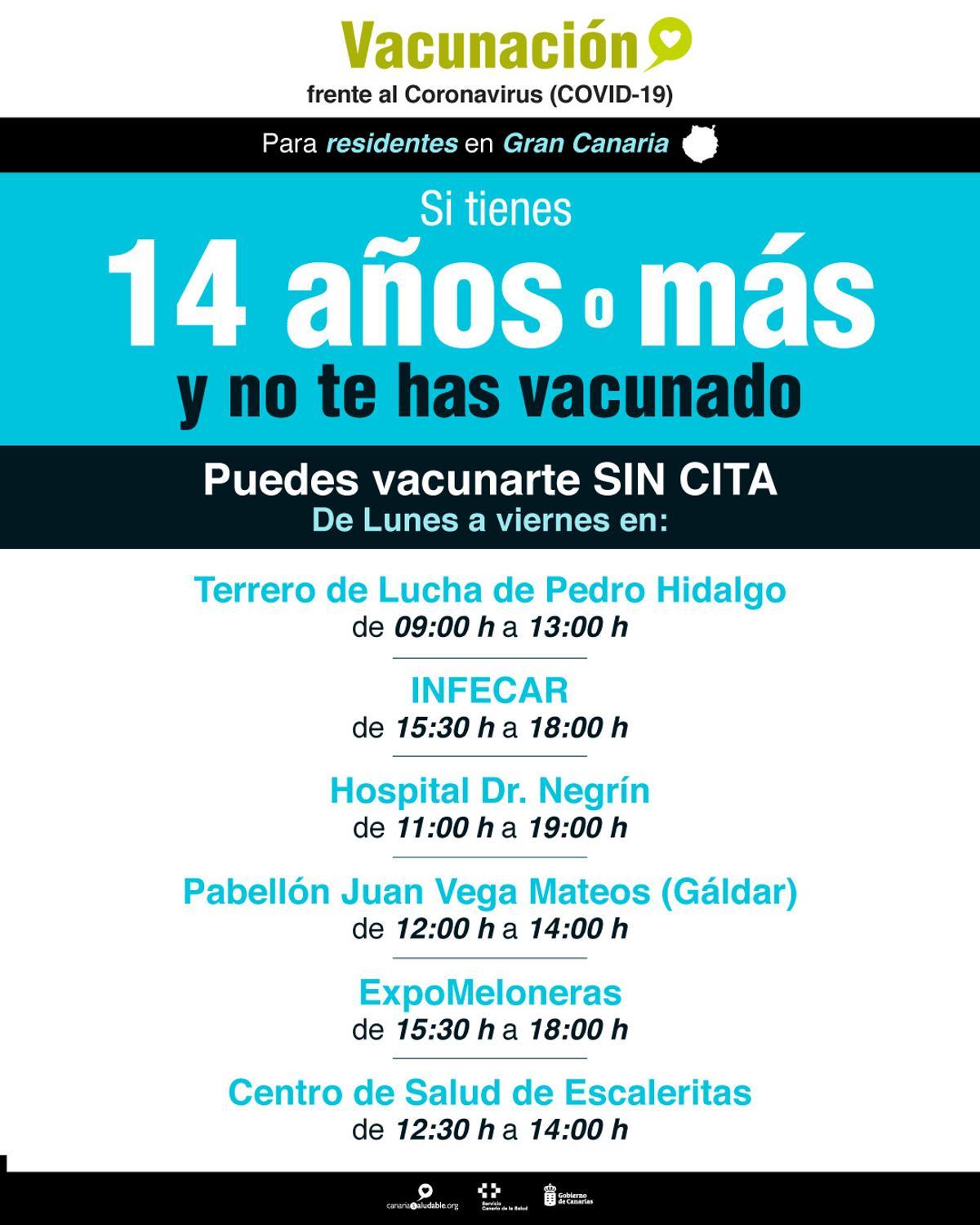 Vacunación sin cita para los mayores de 14 años residentes en Gran Canaria.