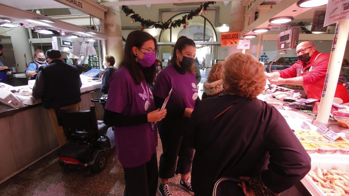 Dos voluntarias informan sobre los recursos para luchar contra la violencia de género, este viernes en el mercado de la Corredera.