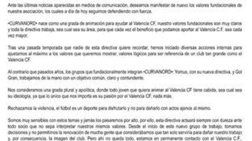 La Curva Nord rechaza la violencia en un comunicado