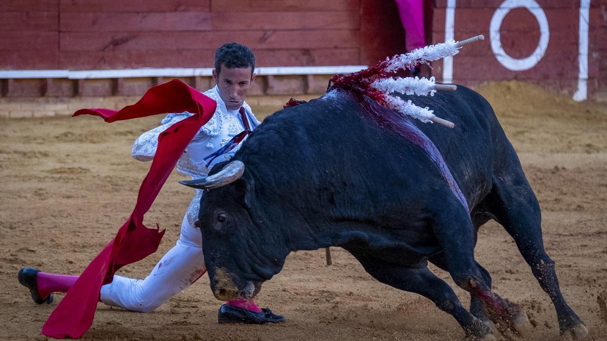 El matador de toros David de Miranda, durante su faena hoy jueves, en la plaza de toros de Huelva, donde se celebra la feria taurina de Colombinas.