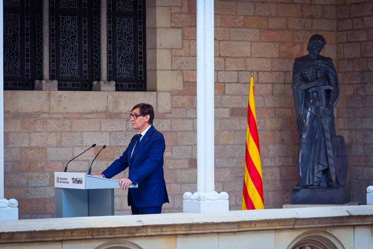 El president Salvador Illa, durante su comparecencia en la Galería Gótica del Palau de la Generalitat