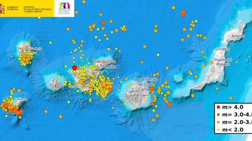 Mapa de sismicidad en Canarias en el año 2020.