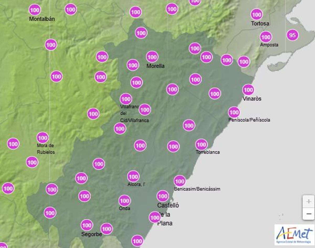 Probabilidad de lluvia en Castellón el jueves entre las 12.00 y las 18.00 horas.