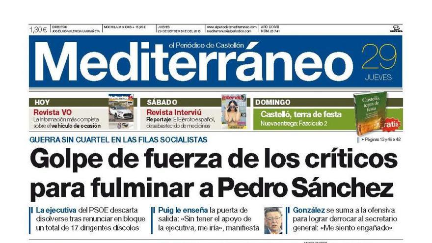 Golpe de fuerza de los críticos para fulminar a Pedro Sánchez, en la portada de Mediterráneo