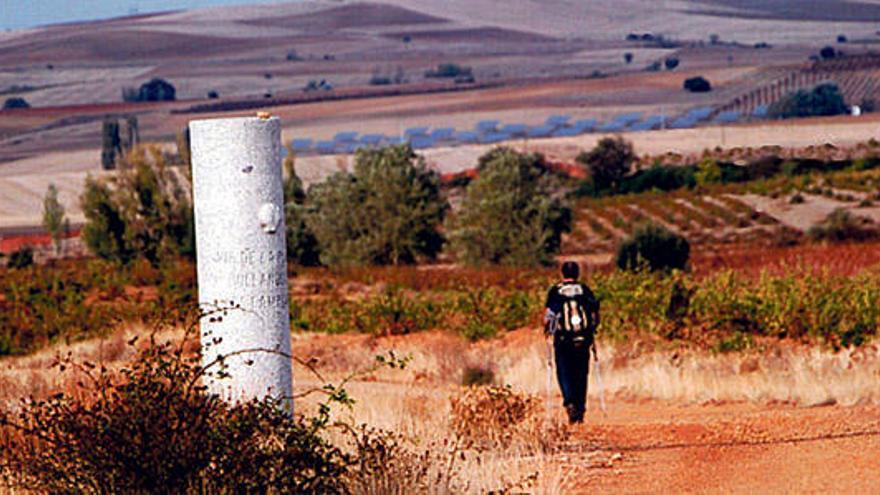 Un miliario señala la Ruta de la Vía de la Plata en Villanueva del Campeán (Zamora).