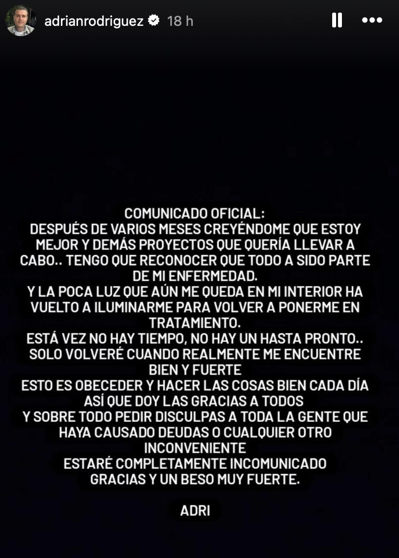 El comunicado de Adrian Rodríguez anunciando su recaída a las adicciones