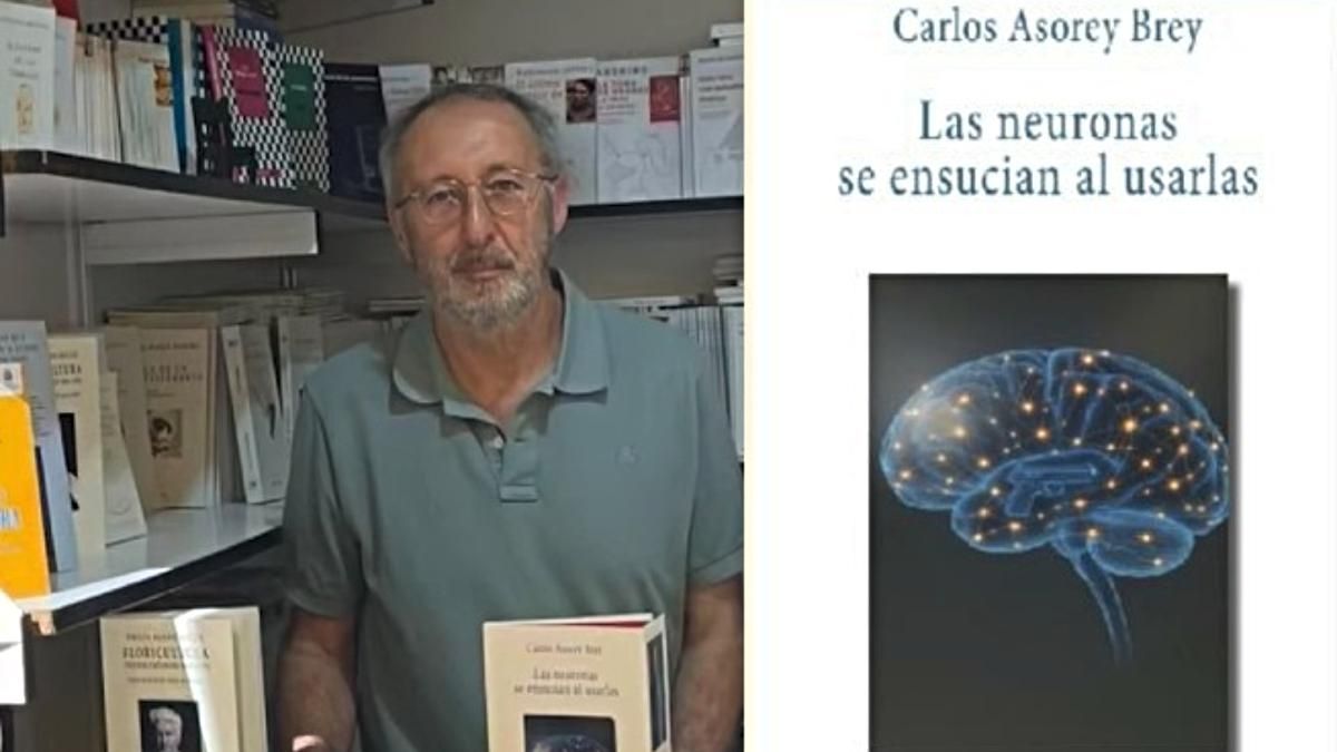 El compostelano Carlos Asorey Brey y la portada dle libro "Las neuronas se ensucian al usarlas".