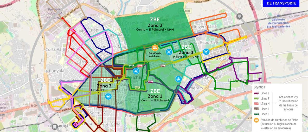 El mapa de las zonas de bajas emisiones de Elche