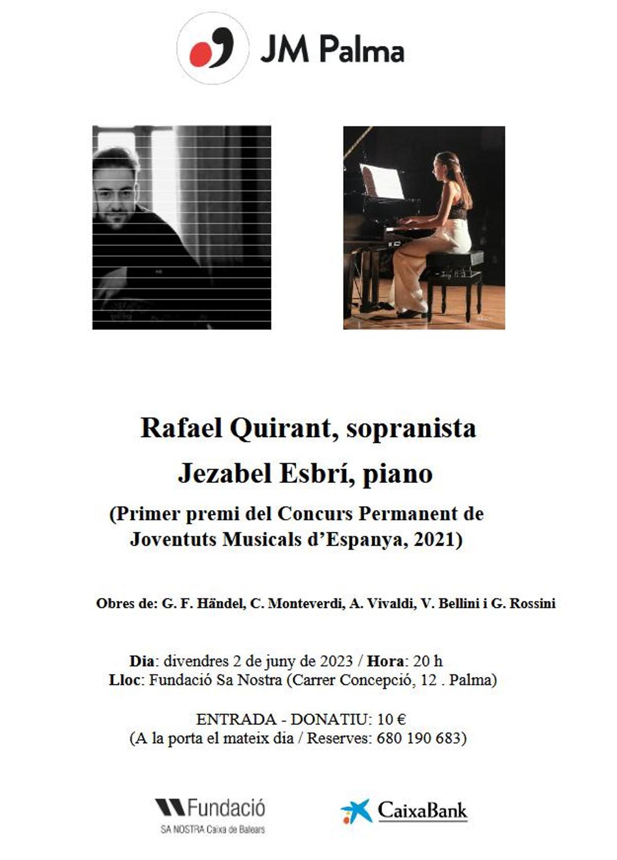 Cartel del evento de Juventuts Musicals en Palma con Rafael Quirant y Jezabel Esbrí.